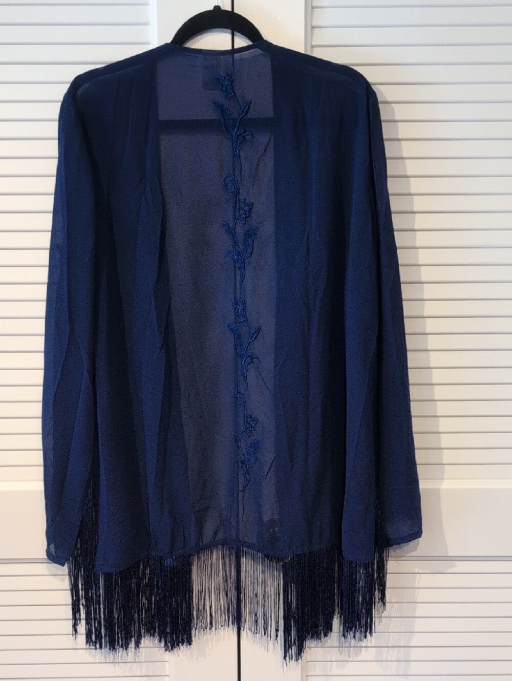 Forgotten Grace Embroidered Fringe Open-Front Shawl Shrug - Navy Size XL - Picture 6 of 7